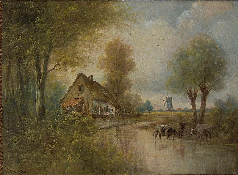 unknow artist Landscape with cows small farm and windmill